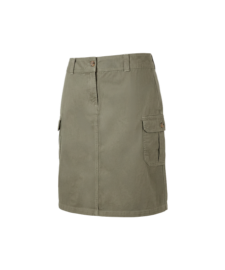 An olive green cargo-style mini skirt with a front button closure, belt loops, and side cargo pockets, shown against a plain white background.