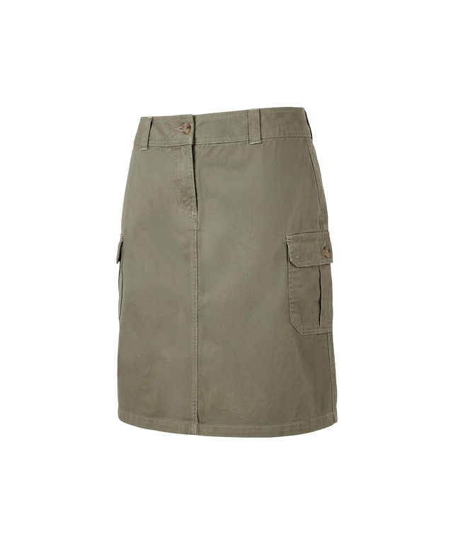 An olive green cargo-style mini skirt with a front button closure, belt loops, and side cargo pockets, shown against a plain white background.