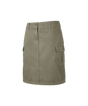 An olive green cargo-style mini skirt with a front button closure, belt loops, and side cargo pockets, shown against a plain white background.