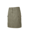 An olive green cargo-style mini skirt with a front button closure, belt loops, and side cargo pockets, shown against a plain white background.