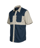 Two-tone shirt with navy and beige colors on a white background