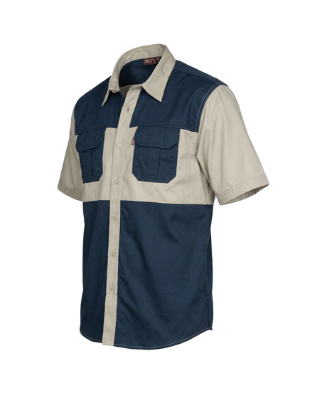 Two-tone shirt with navy and beige colors on a white background
