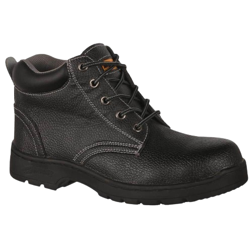 A black Interceptor Kusini safety boot with steel toe cap, designed for workwear, featuring lace-up closure and a round toe profile.