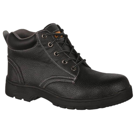 A black Interceptor Kusini safety boot with steel toe cap, designed for workwear, featuring lace-up closure and a round toe profile.