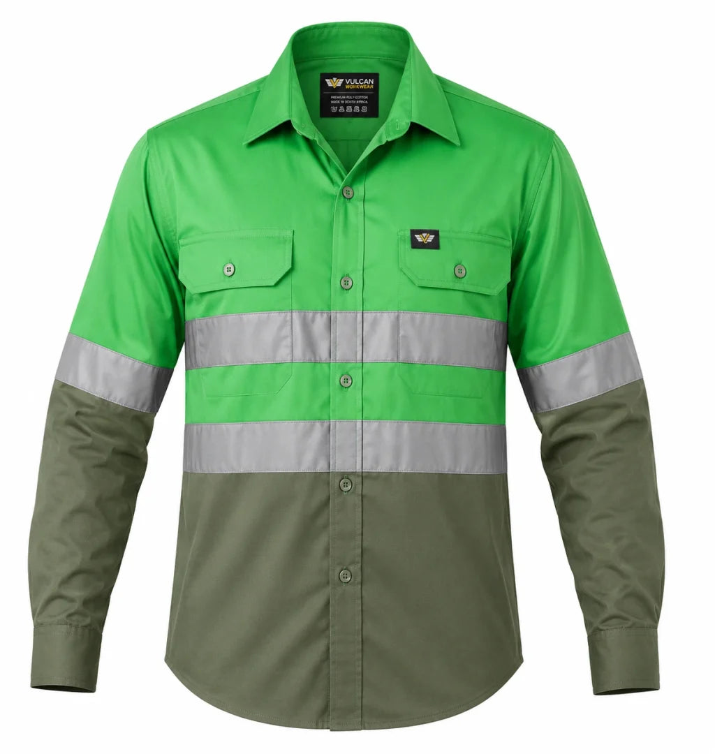 Vulcan Vented Reflective Mining Shirt with high-visibility reflective tape and vented back, made from 100% cotton for mining and industrial work.