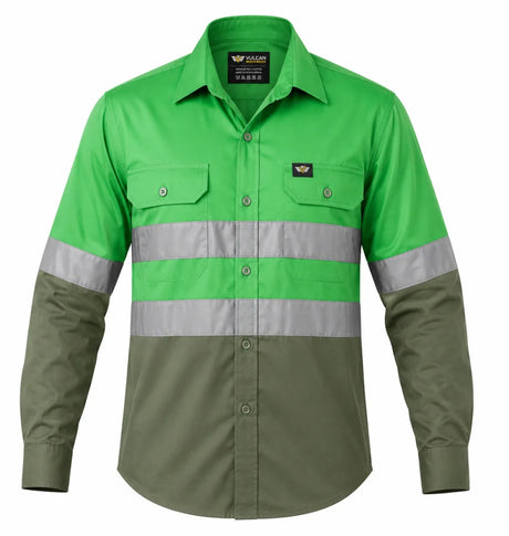 Vulcan Vented Reflective Mining Shirt with high-visibility reflective tape and vented back, made from 100% cotton for mining and industrial work.