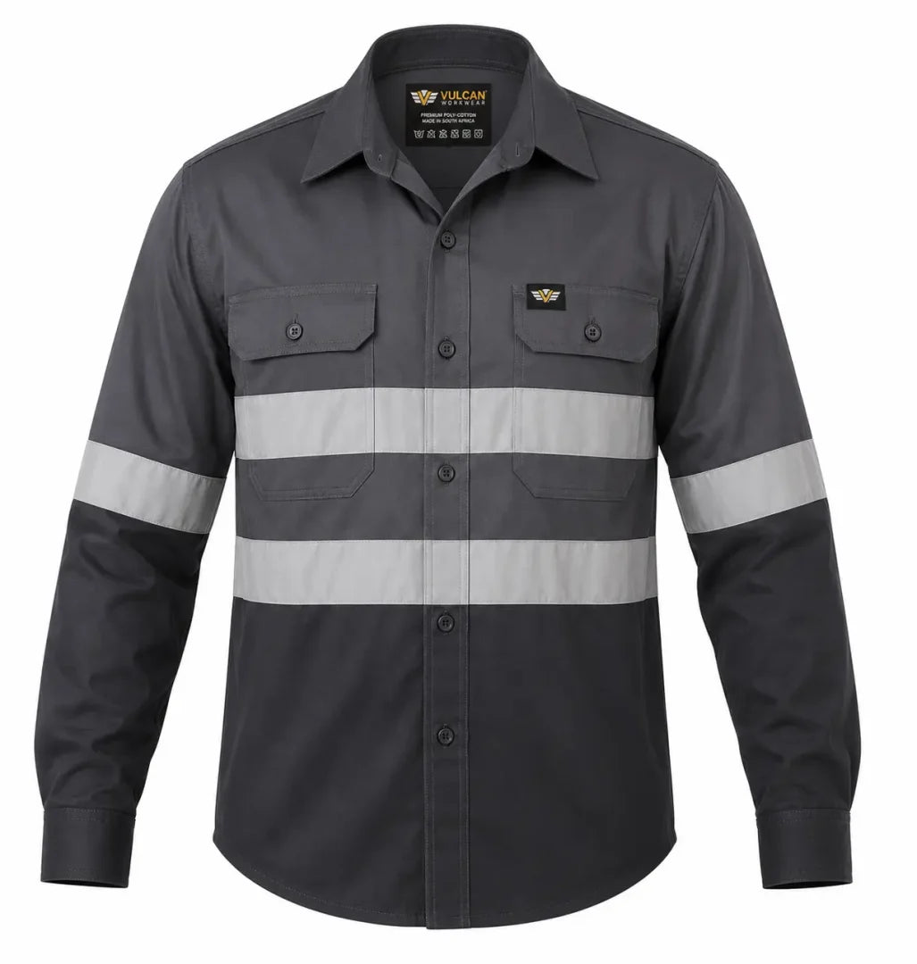 Vulcan Vented Reflective Mining Shirt with high-visibility reflective tape and vented back, made from 100% cotton for mining and industrial work.