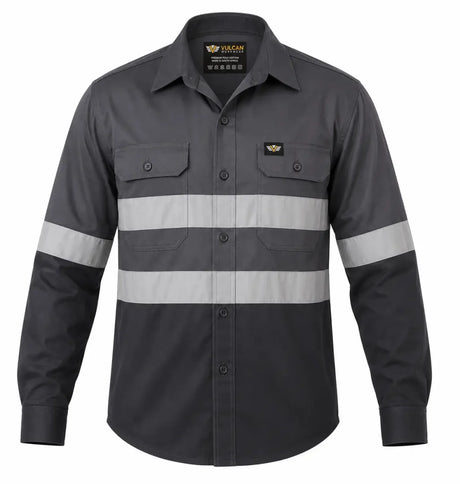 Vulcan Vented Reflective Mining Shirt with high-visibility reflective tape and vented back, made from 100% cotton for mining and industrial work.