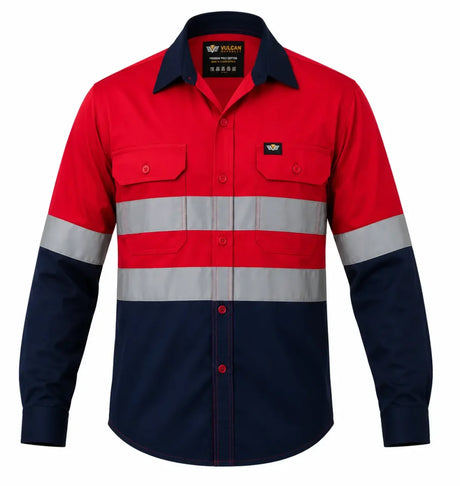 Vulcan Vented Reflective Mining Shirt with high-visibility reflective tape and vented back, made from 100% cotton for mining and industrial work.