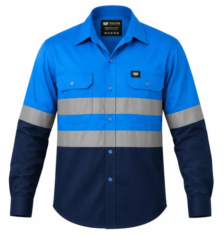 Vulcan Vented Reflective Mining Shirt with high-visibility reflective tape and vented back, made from 100% cotton for mining and industrial work.