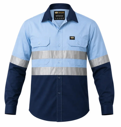 Vulcan Vented Reflective Mining Shirt with high-visibility reflective tape and vented back, made from 100% cotton for mining and industrial work.