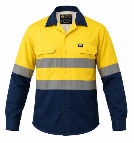Vulcan Vented Reflective Mining Shirt with high-visibility reflective tape and vented back, made from 100% cotton for mining and industrial work.