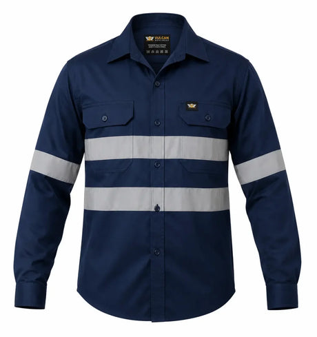 Vulcan Vented Reflective Mining Shirt with high-visibility reflective tape and vented back, made from 100% cotton for mining and industrial work.