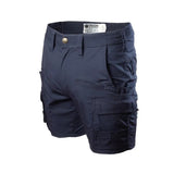 Navy blue cargo shorts with multiple utility pockets and a button closure, shown against a plain white background.