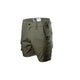 Olive green tactical cargo shorts with multiple utility pockets, shown on a plain white background.