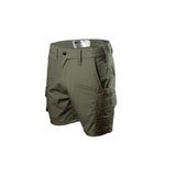 Olive green tactical cargo shorts with multiple utility pockets, shown on a plain white background.