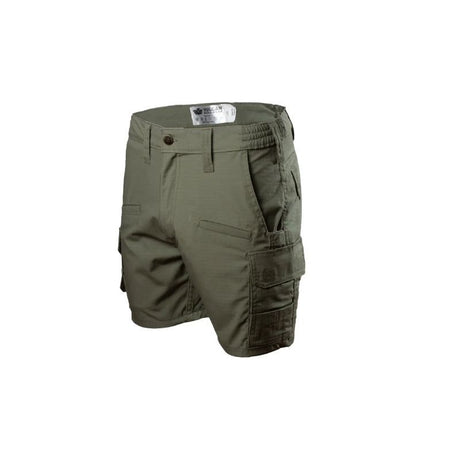 Olive green tactical cargo shorts with multiple utility pockets, shown on a plain white background.